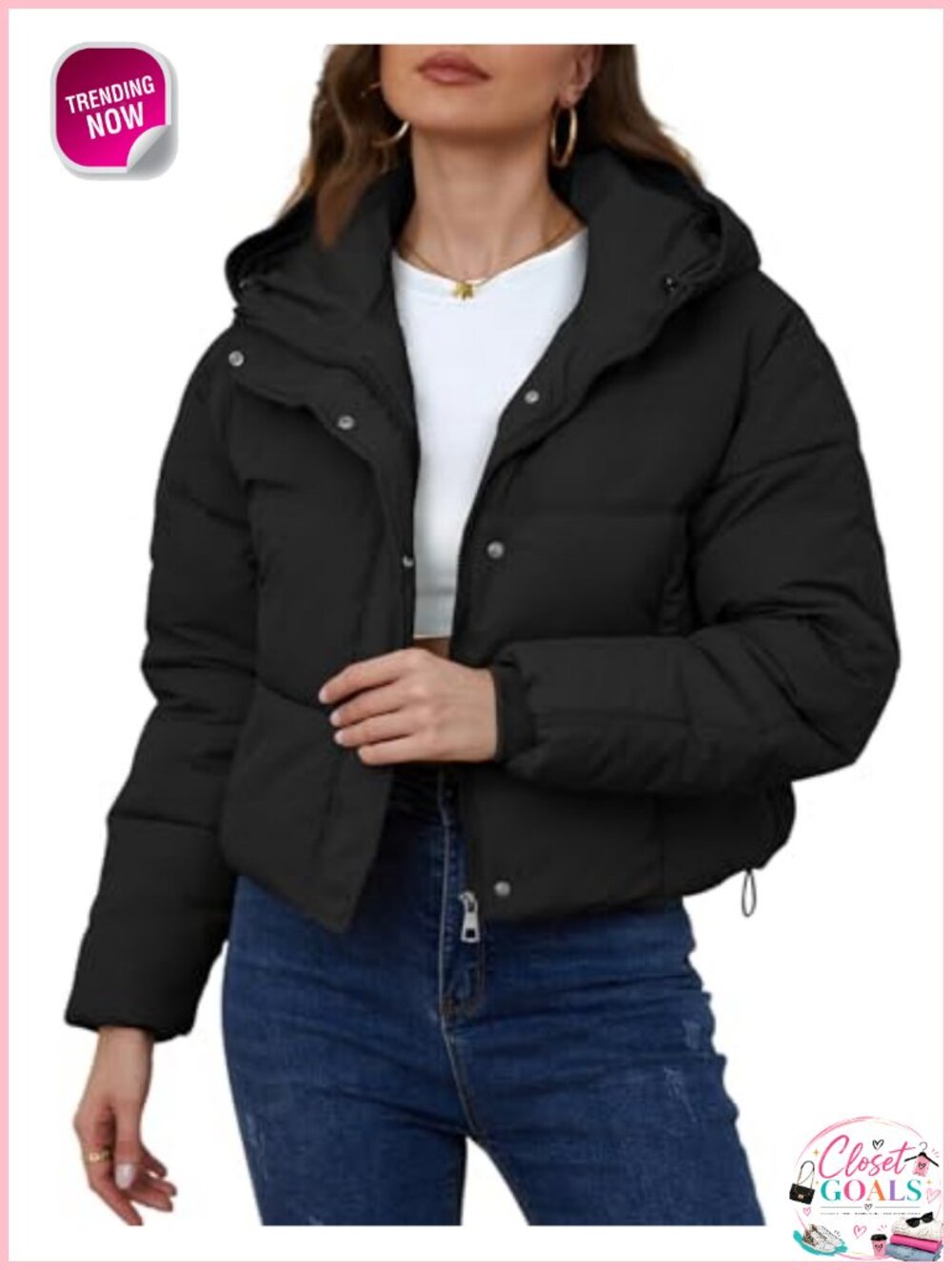 Cropped Puffer Jacket Hooded Zip Up Winter Coat